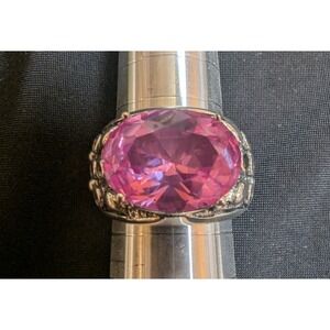 Statement Ring Womens Size 8 Pink Oval Gemstone Heavy Silver Tone Thick Band